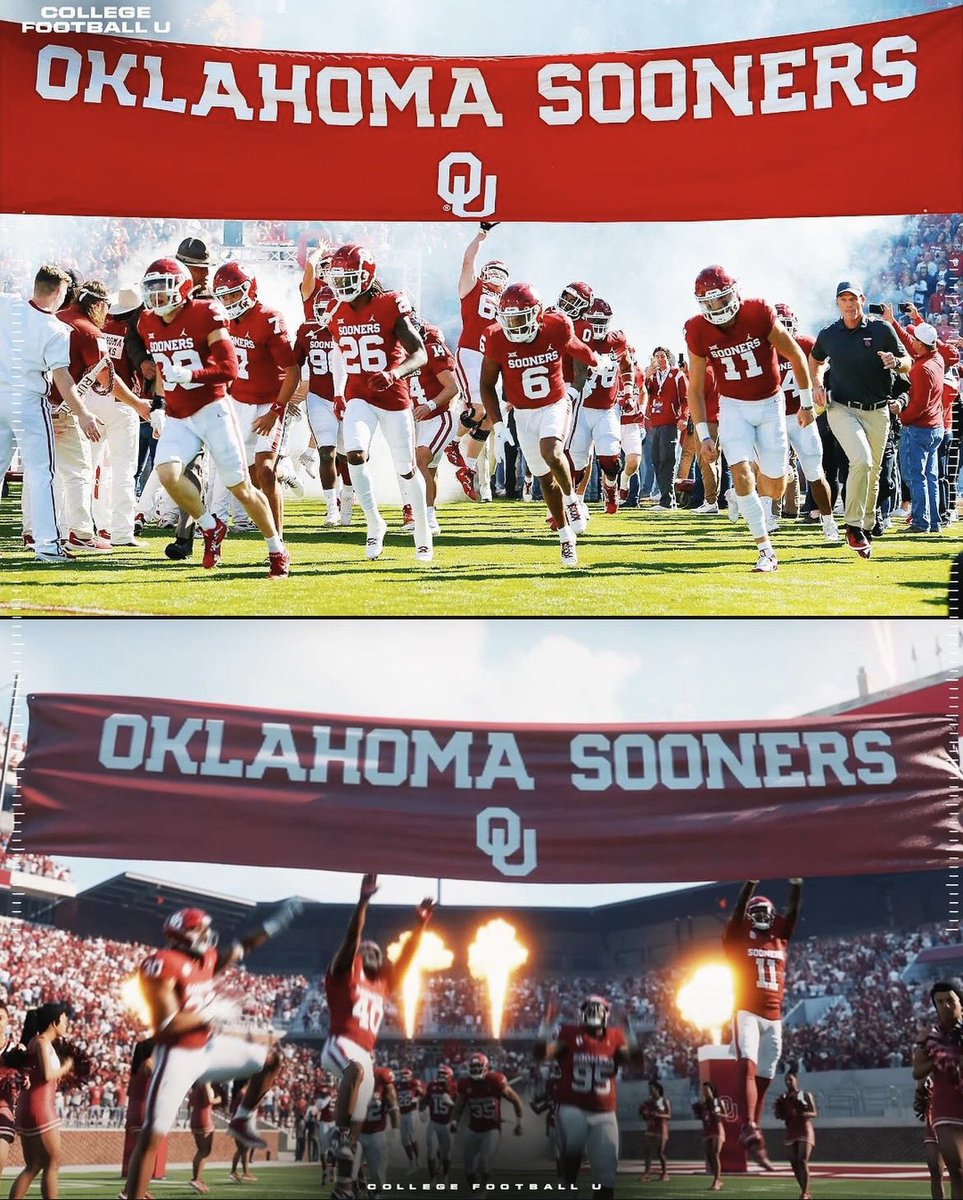 The Oklahoma Sooners in real life vs. in the College Football 25 trailer. 🔥

(via <a href="/collegefballu_/">College Football U</a>)