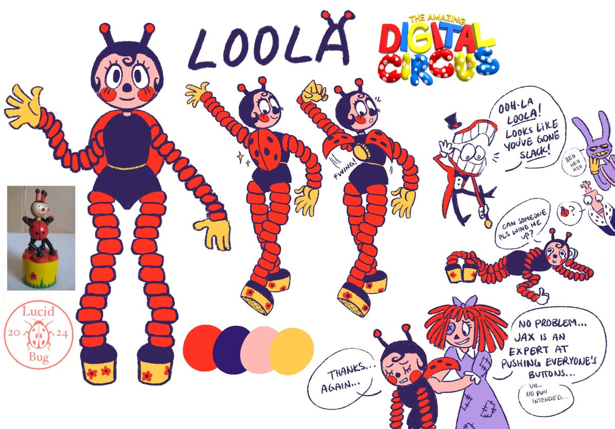 lucid_bug's tweet image. LOOLA 🐞 

My Amazing Digital Circus Oc based off those weird wooden push puppets I had as a kid. 

Push the button hidden under her carapace and she’ll collapse! But she’ll need help getting wound back up again… 

#tadc #theamazingdigitalcircus #gooseworx