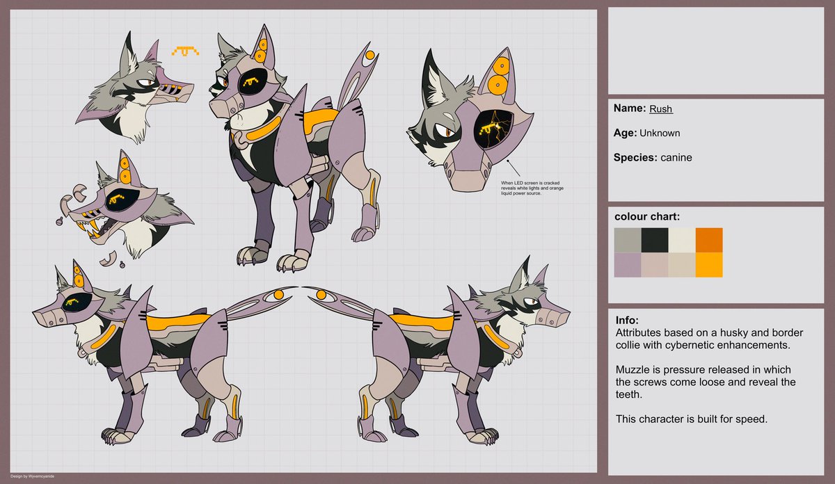 Finished character design and reference sheet for Saber.driift. Loved designing this Cyber hound.