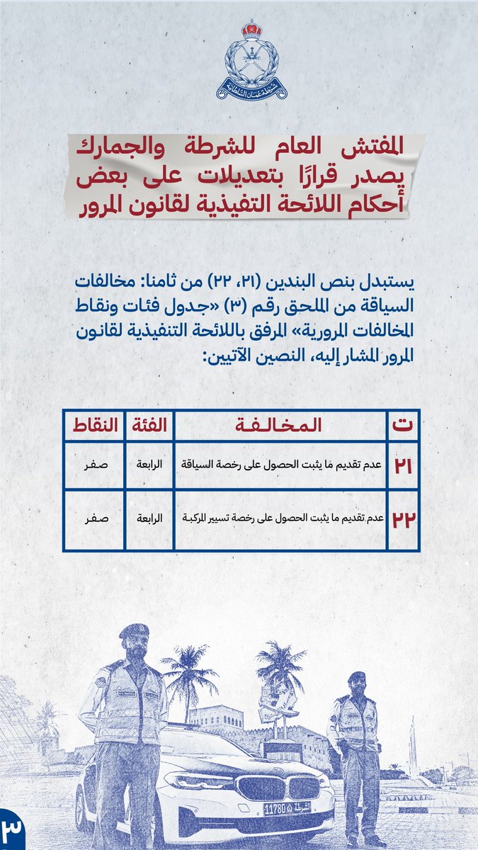 المفتش العام للشرطة والجمارك يصدر قرارًا بتعديلات على بعض أحكام اللائحة التنفيذية لقانون المرور.. #شرطة_عمان_السلطانية