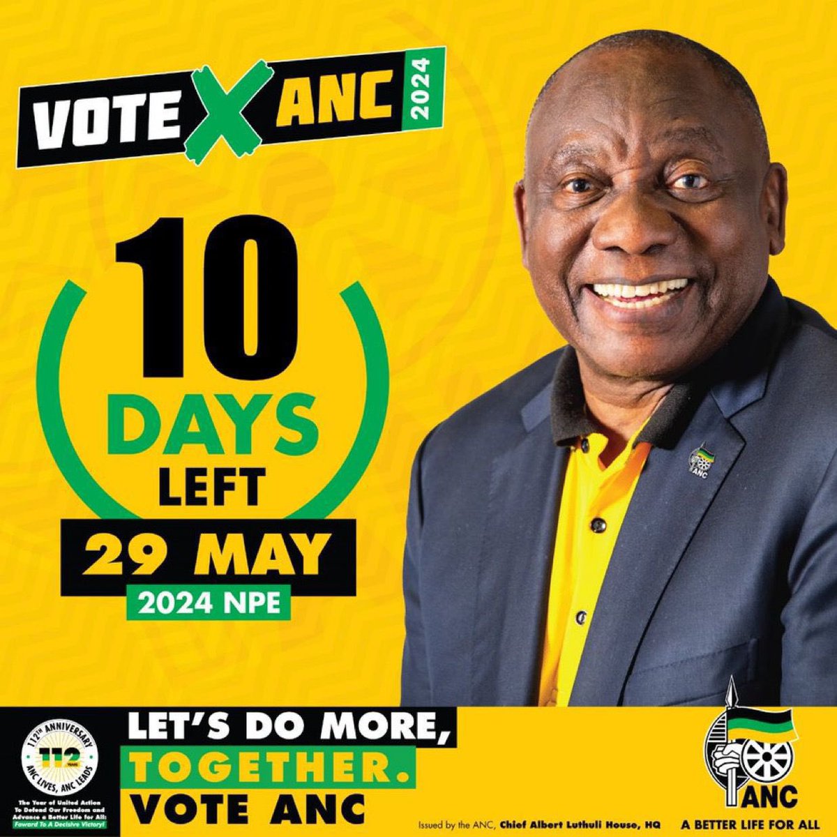 10 Days to go until the 2024 National and Provincial Elections, vote ANC on the 29th of May 2024. 1st Ballot: #VoteANC ❎ 2nd Ballot: #VoteANC ❎ 3rd Ballot: #VoteANC ❎ #VoteANC2024 #LetsDoMoreTogether ⚫️🟢🟡