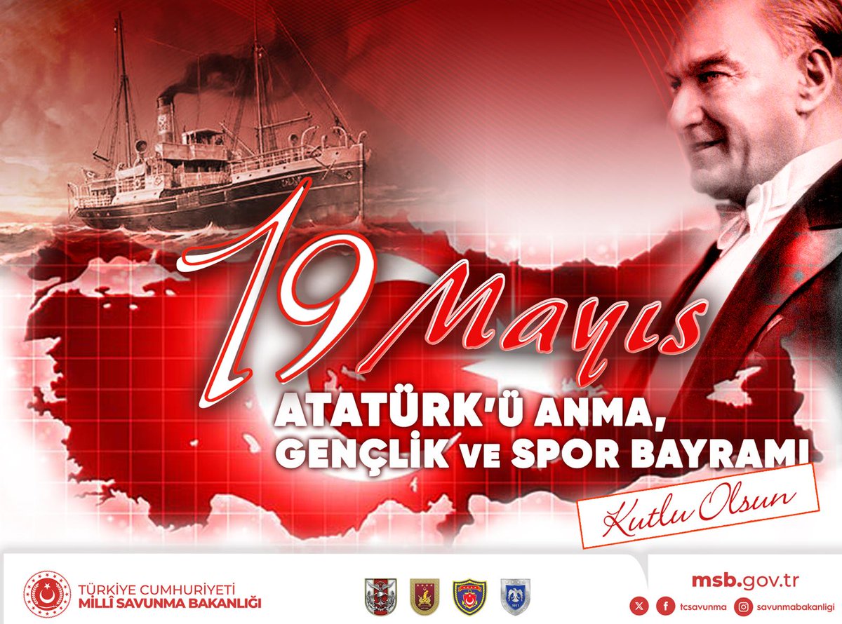 tcsavunma's tweet photo. 19 Mayıs Atatürk’ü Anma, Gençlik ve Spor Bayramımız kutlu olsun. 

Cumhuriyetimizin Kurucusu, Başkomutanımız Gazi Mustafa Kemal Atatürk başta olmak üzere Millî Mücadele kahramanlarımızı, Şehitlerimizi ve Gazilerimizi rahmet ve minnetle anıyoruz. 

Geleceğimizin gençlerin ellerinde yükseleceğine olan inancımız tamdır. 🇹🇷

#MillîSavunmaBakanlığı 
#19Mayıs