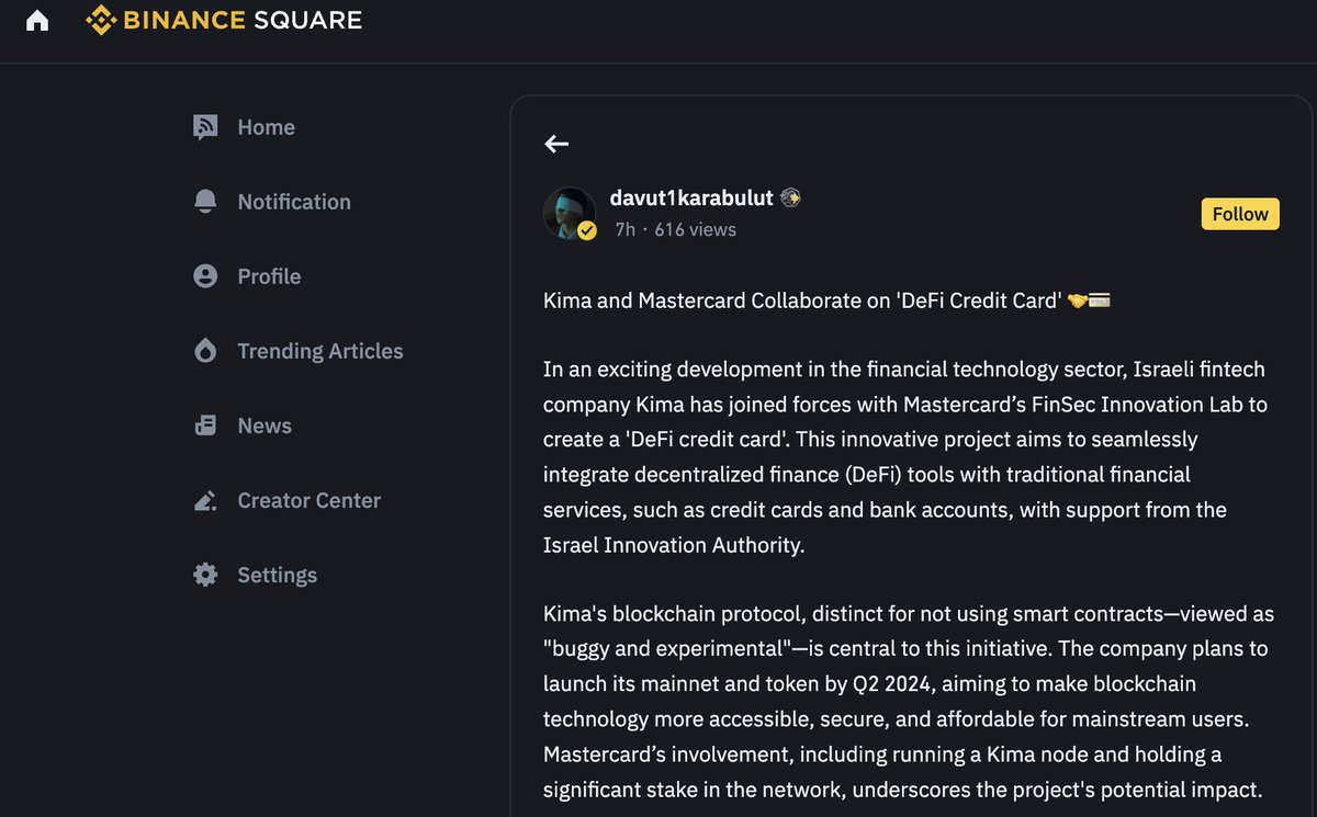 🙌 Thanks to our incredible supporter and KOL, @davut1karabulut🌟, for his enlightening article about the Kima x @Mastercard's FinSec Innovation Lab collaboration! 🔍 Dive in to discover intriguing facts about Kima and FinSec and how you will benefit from our partnership