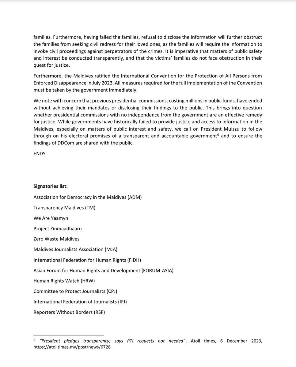 We demand the immediate disclosure of investigation findings by the @DdcomMdv to the victims' families and the public. As the DDCom approaches its dissolution on May 31, 2024, we urge the newly elected President @MMuizzu and the @hrcmv to honor the victims' right to- (1/6)