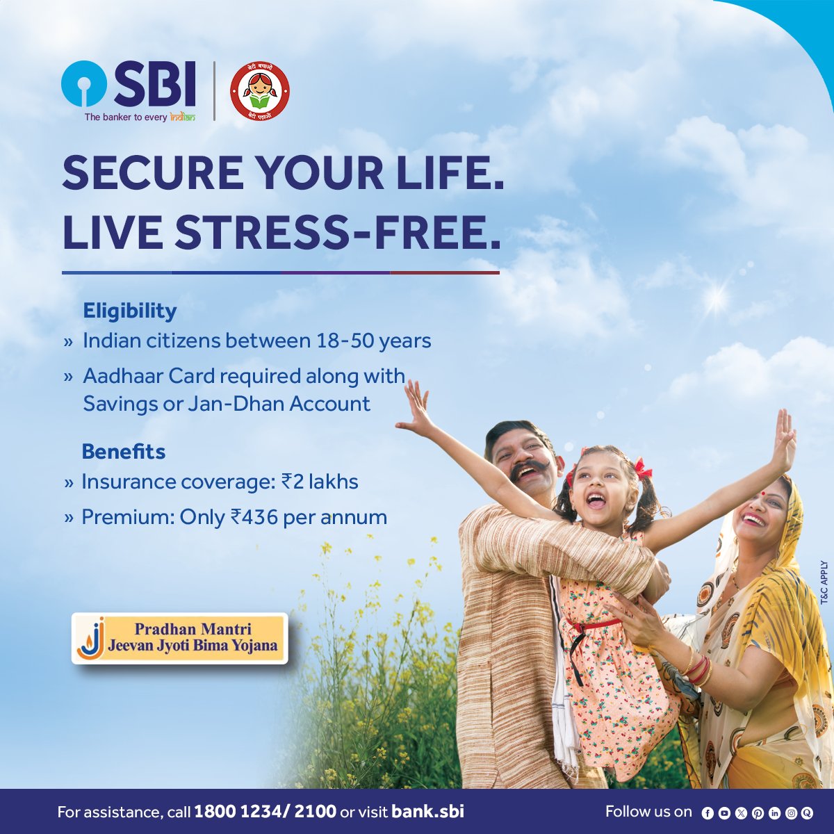 Bringing to you the Pradhan Mantri Jeevan Jyoti Bima Yojana - a safety net for your loved ones, ensuring their future is secured with minimal investment. Join the program by investing only ₹ 436 per annum and live each day with confidence knowing that your family's financial