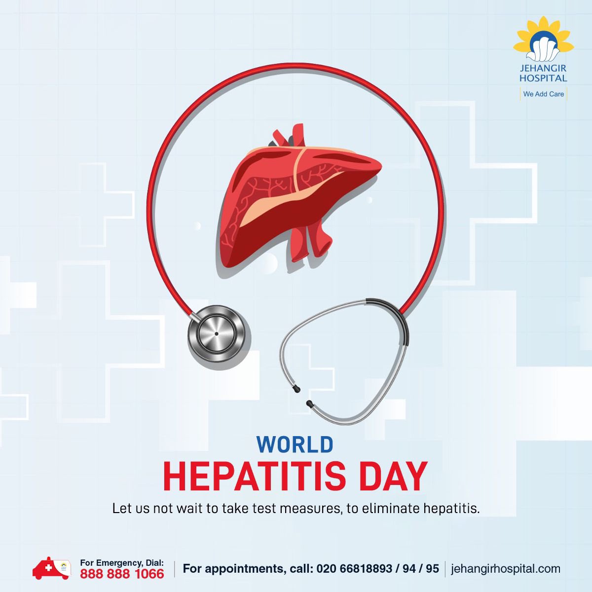 Jehangir Hospital Stands with the Fight Against Hepatitis. This World Hepatitis Day, let's:
Get tested for hepatitis B and C, especially if you're at risk.

#JehangirHospital #WeAddCare #PatientFirst #LiveHealthy #PatientCare #Hepatitis #WorldHepatitisDay