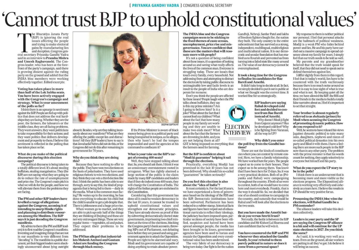 There is a growing backlash against the BJP. People express their frustration with politics that fails to address their real-life struggle. The dissatisfaction is evident. @priyankagandhi ji, in an interview with HT,discussed current election politics & the public's aspirations.