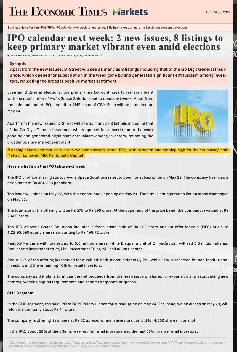pantomath_group's tweet image. Featured in today&apos;s TheEconomic Times - Markets, Mr. Mahavir Lunawat, Managing Director, Pantomath Capital Advisors shared his insights on the potential success of upcoming IPOs.

#Mahavirlunawat #economictimes #pantomath #IPO #SME