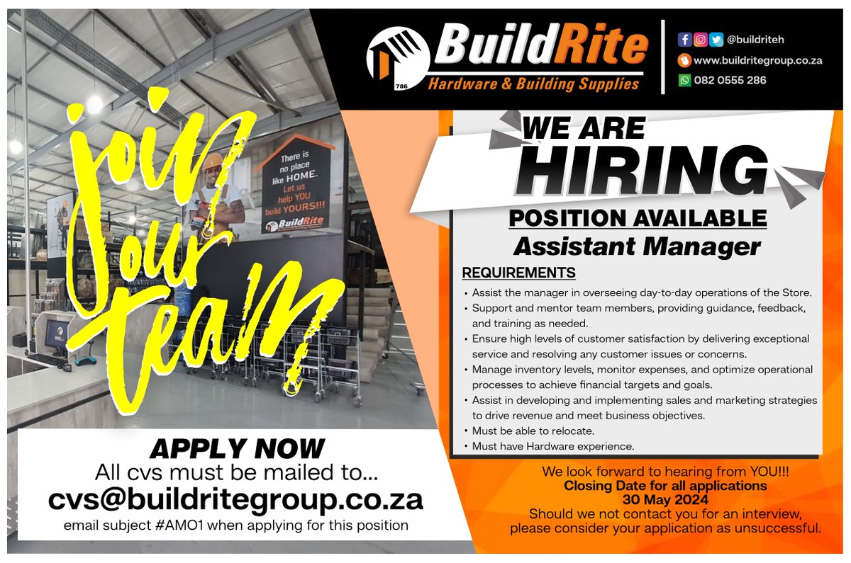 Join BuildRite’s growing team! We are looking for a hard working individual, quick on their feet and always willing to take on new challenges...😁

Closing date for all applications is 30 May 2024 😌

#buildrite #buildritehardware #joinourteam #assistantmanager