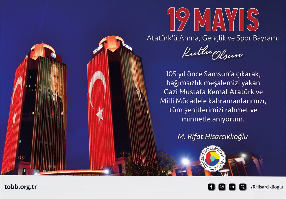 19 Mayıs Atatürk’ü Anma, Gençlik ve Spor Bayramı kutlu olsun. 105 yıl önce Samsun'a çıkarak, bağımsızlık meşalemizi yakan Gazi Mustafa Kemal Atatürk ve Milli Mücadele kahramanlarımızı, tüm şehitlerimizi rahmet ve minnetle anıyorum. #19Mayıs1919 #19MayısGençlikveSporBayramı