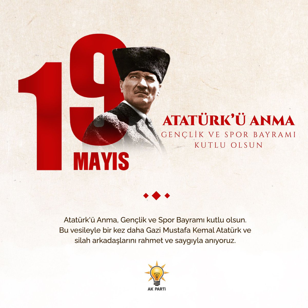 #19Mayıs Atatürk'ü Anma, Gençlik ve Spor Bayramı kutlu olsun. Bu vesileyle bir kez daha Gazi Mustafa Kemal Atatürk ve silah arkadaşlarını rahmet ve saygıyla anıyoruz.