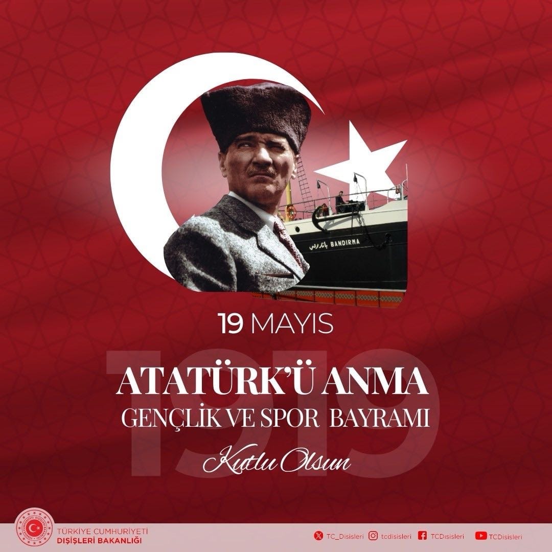19 Mayıs Atatürk’ü Anma, Gençlik ve Spor Bayramımız kutlu olsun! 

Ulu Önder Gazi Mustafa Kemal Atatürk ve Milli Mücadele’nin bütün kahramanlarını saygı ve minnetle anıyoruz. 🇹🇷🇹🇷🇹🇷