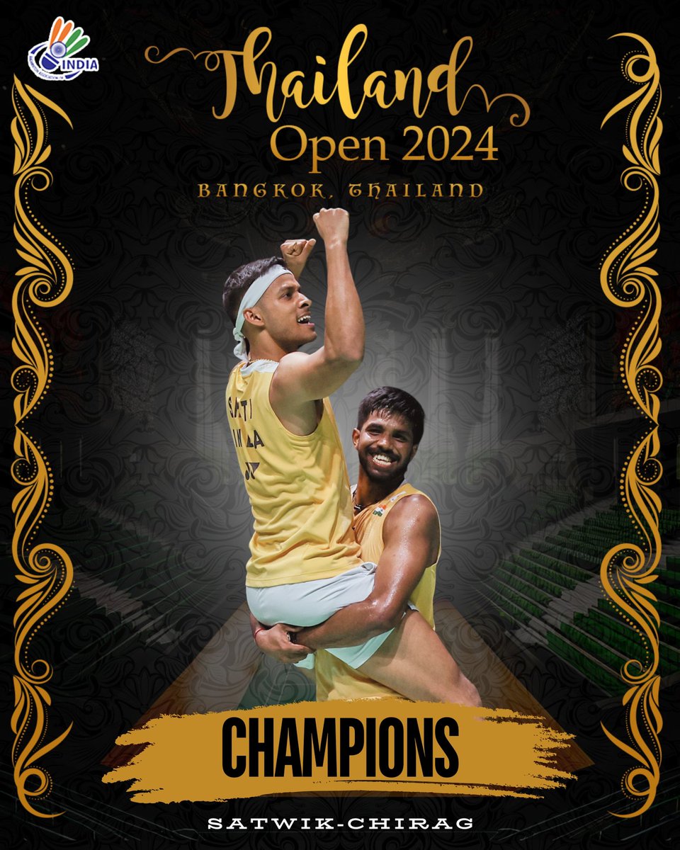 BOYS HAVE DONE IT AGAIN 😎

2️⃣nd #ThailandOpen, 4️⃣th Super 500 & 8️⃣th #BWFWorldTour title for SatChi 👌🔥

Proud of you champs!

📸: @badmintonphoto

@himantabiswa | @sanjay091968 | @Arunlakhanioffi 

#ThailandOpen2024
#IndiaontheRise
#Badminton