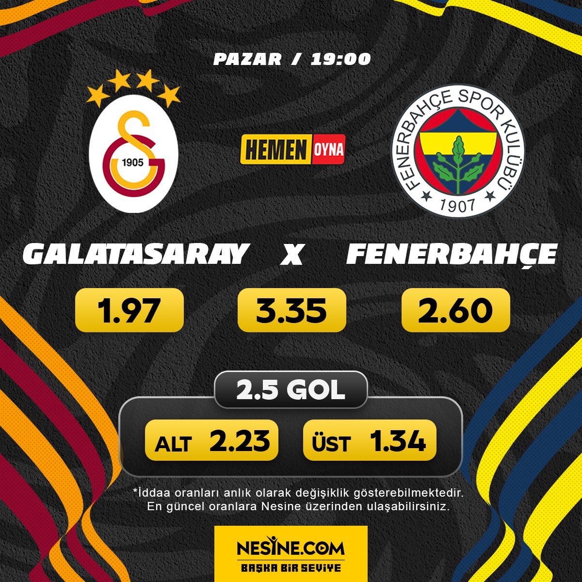 Süper Lig'de yılın en çok beklenen maçı geldi! Galatasaray şampiyonluğunu ilan etmek, Fenerbahçe ise şampiyonluk yarışını son haftaya taşımak istiyor! Galatasaray-Fenerbahçe mücadelesi CANLI İDDAA seçeneğiyle Nesine.com'da! Hemen Oyna 👉 bit.ly/3V4SUwX