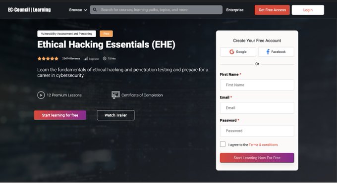 4/ Ethical Hacking Essentials (EHE)

This course will introduce learners to computer and network security concepts such as:

⇢ Threats and vulnerabilities
⇢ Password cracking
⇢ Web application attacks
⇢ IoT and OT attacks

Apply here👇
codered.eccouncil.org/course/ethical…