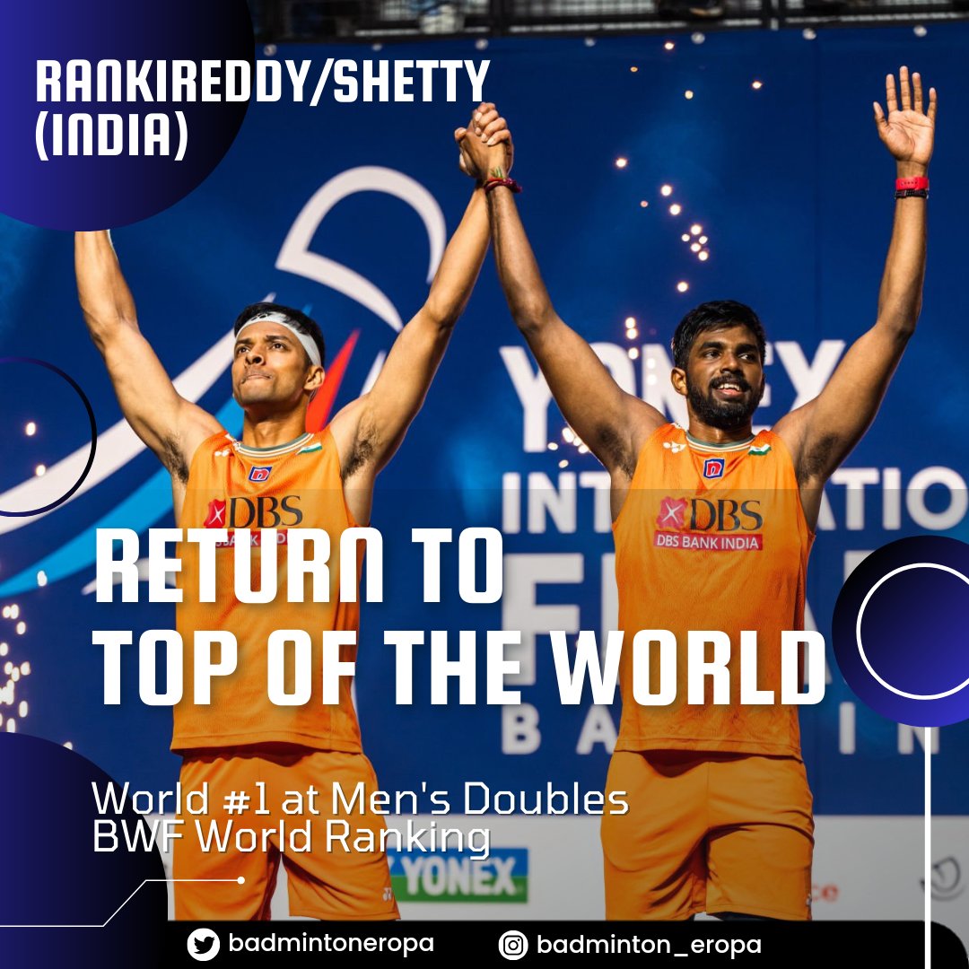 ON THE 🔝 OF THE 🌍

@Shettychirag04 and @satwiksairaj win the TOYOTA Thailand Open S500 which will also boost their ranking to the top of the next week's chart. What a dynamic pair! Congrats @mathiasboe and @BAI_Media 👏🏼👏🏼👏🏼

#BWFRankingWatch 
#BadmintonEropa