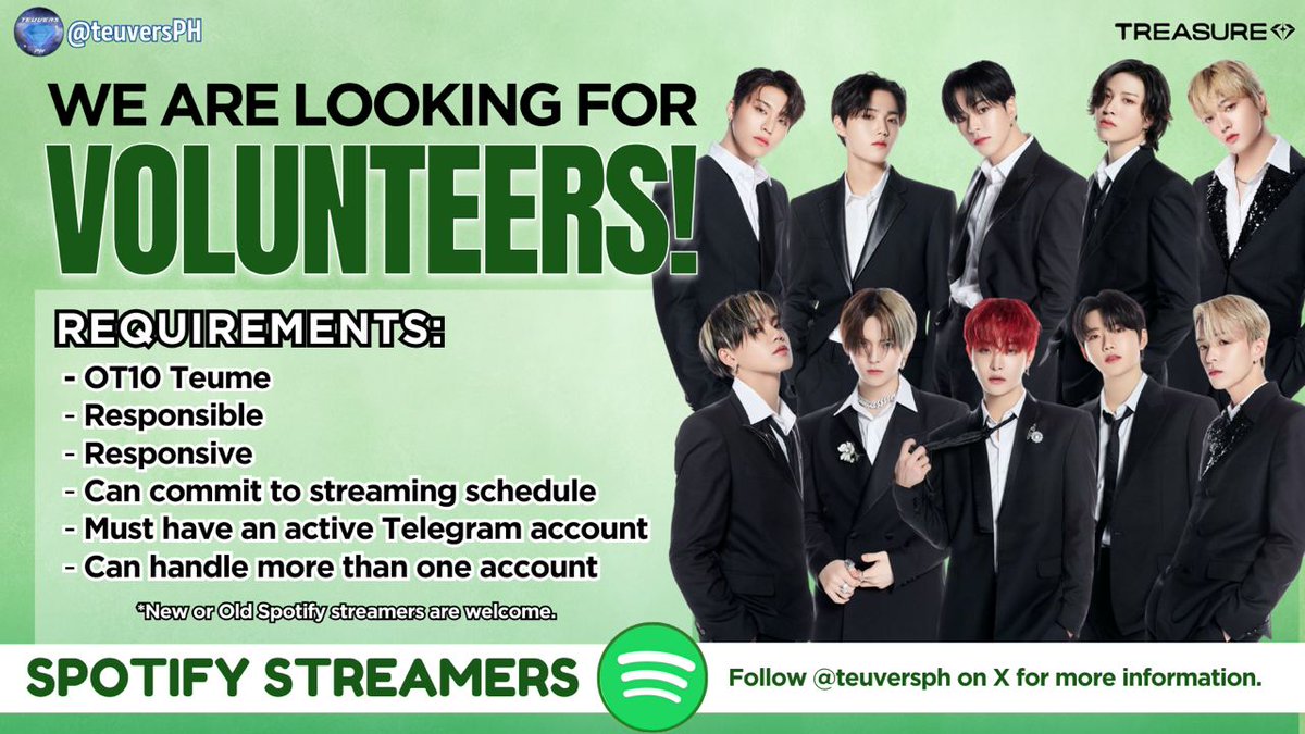 [SPOTIFY STREAMERS RECRUITMENT] We have 9 days left until the KING KONG appears! If you have the time to stream, join our streaming team! We aim for a higher rankings for this comeback! Let's get this, all for Treasure! If you have what it takes to be a Spotify streamer, then