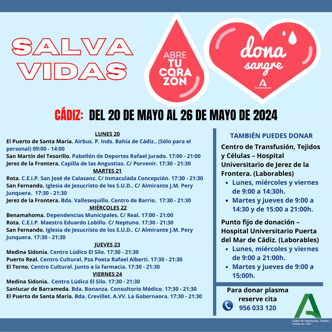 👉En esta semana se puede #DonarSangre en: #Cádiz #Jerez #SanJosédelValle #SanMartíndelTesorillo #Rota #RotaHoy #SanFernandoCadiz #Benamahoma #ELPUERTODESANTAMARÍA #sanlucardebarrameda #medinasidonia 📍 Necesitamos donantes nuevos📍 📍COMPARTELO. Gracias