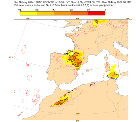 'El algodón no engaña' Índice de extremo de precipitación #EFI para hoy con las señales indirectas de las zonas con tormentas y convección. 19 mayo 2024 @ECMWF