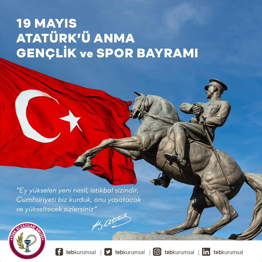 19 MAYIS ATATÜRK’Ü ANMA GENÇLİK VE SPOR BAYRAMIMIZ KUTLU OLSUN 🇹🇷 Gazi Mustafa Kemal Atatürk’ün önderliğinde başlatılan bağımsızlık mücadelesinin simgesi olan 19 Mayıs, bir ulusun varlık yokluk savaşının ilk adımıdır. 105 yıl önce atılan bu ilk adım milletimizin azim ve