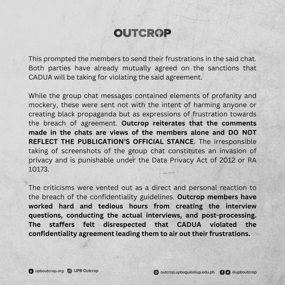 upboutcrop's tweet photo. Official Statement of UPB Outcrop on the Facebook post of "DLurker" containing screenshots of the publication’s closed group chat https://t.co/jiZFYcbU5w