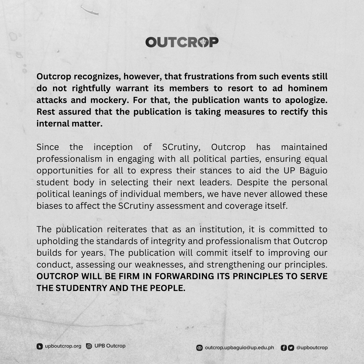 upboutcrop's tweet photo. Official Statement of UPB Outcrop on the Facebook post of "DLurker" containing screenshots of the publication’s closed group chat https://t.co/jiZFYcbU5w