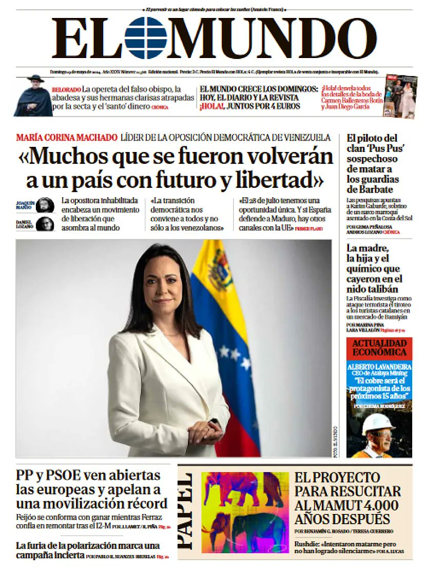 ¡Maduristas vayan a rascarse la retaguardia! María Corina Machado es la portada de El Mundo de España - @elmundoes - de este domingo, 19 de mayo... ¡El triunfo que será inobjetable, ya está en los diarios más importantes del planeta!