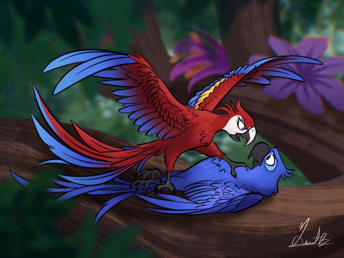 Hehe, here they are >:3 los dos pollos. 
How they met basically, yes a lot like how Blu met Jewel, but in a different way QwQ 💙❤️
#rio #rio2 #rioblu #riooc #riomovie #fanart #redmacaw #bluemacaw
