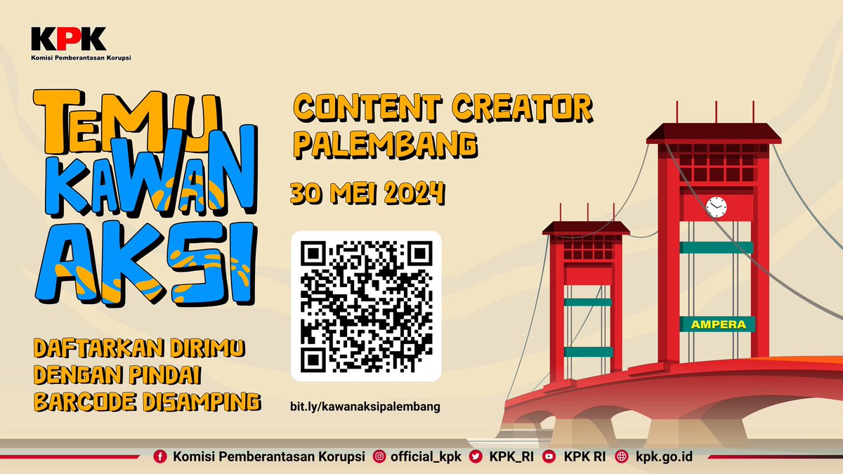 Hallooo #KawanAksi Palembang!! Jangan lewatkan temu #KawanAksi Content Creator yang akan berlangsung pada tanggal 30 Mei 2024 di Palembang Sebuah kegiatan yang digagas untuk mempertemukan pegiat media sosial dan narasumber dari KPK, berkolaborasi menciptakan karya visual
