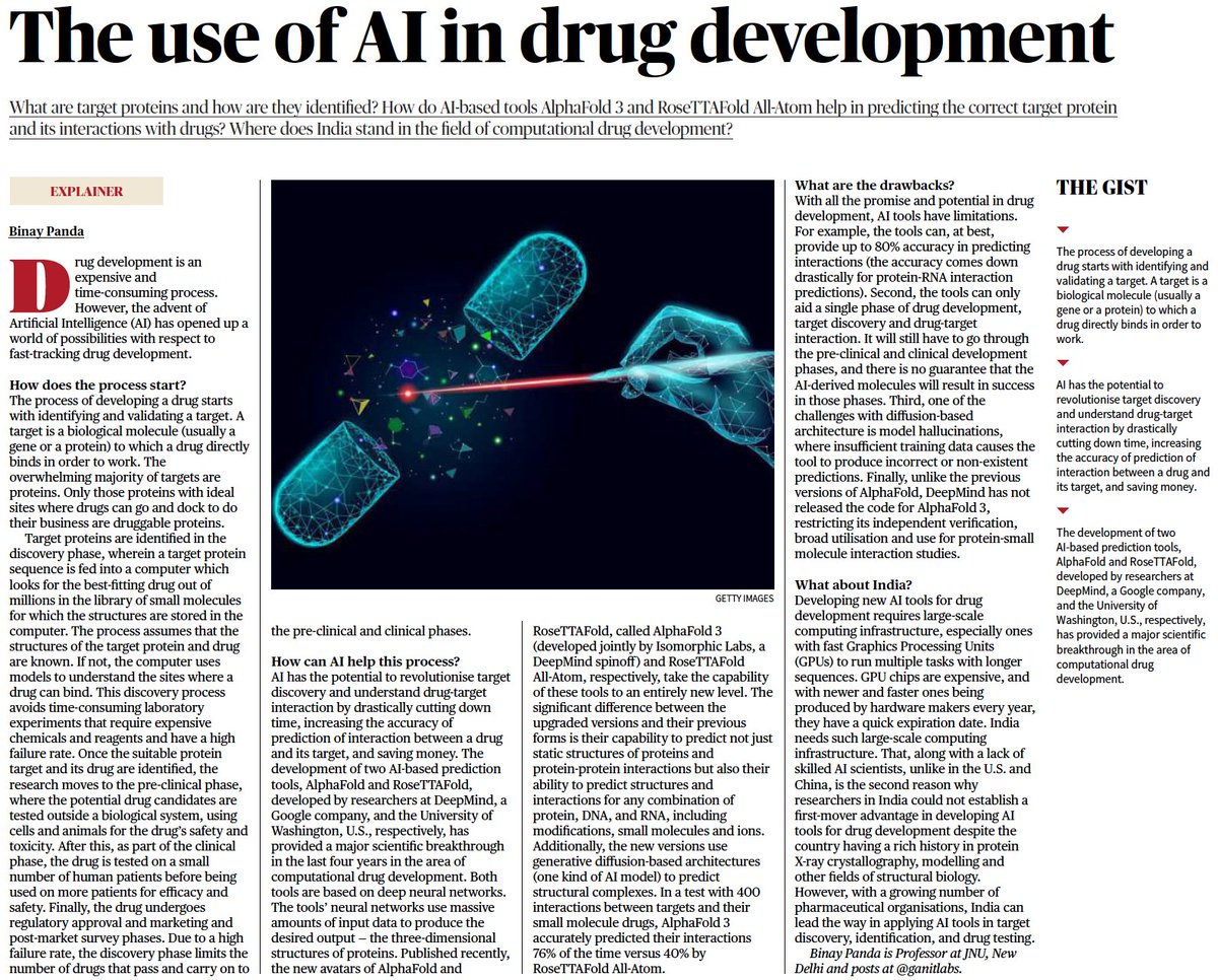 AI is revolutionizing drug development! Tools like AlphaFold 3 and RoseTTAFold All-Atom predict protein structures with unprecedented accuracy. With India's potential, we can lead this innovation wave. Kudos to @ganitlabs for highlighting this transformative journey! #AIDrugDis..