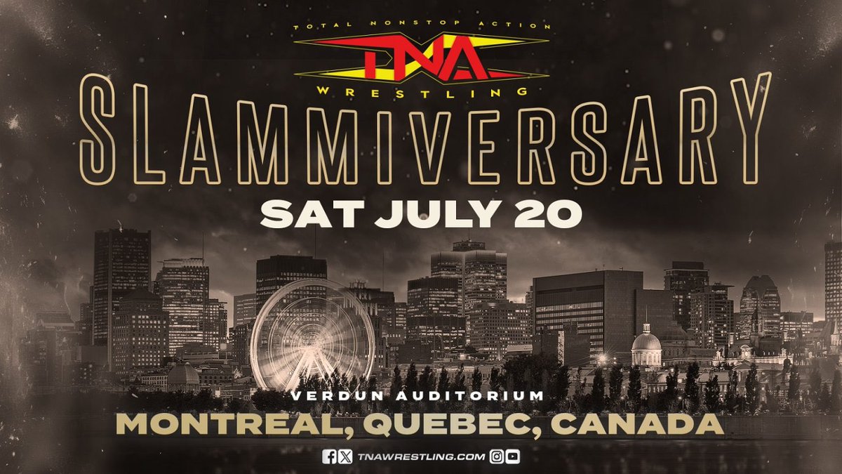 MONTREAL! TNA Wrestling returns for the first time since 2011 with the 20th #Slammiversary! Join us on July 20 at Verdun Auditorium for a night of unforgettable action. Tickets on sale May 25 at 10am ET HERE➡️ tnawrestling.com/events/ Read More: tnawrestling.com/2024/05/13/tna…