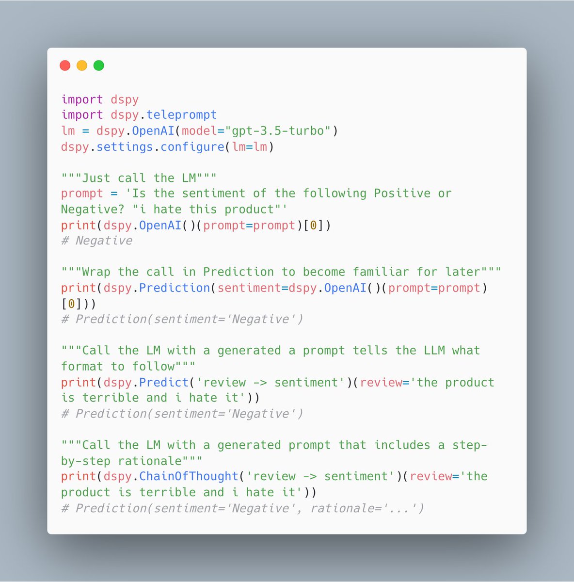 nattaylor's tweet image. I struggled to pick up #DSPy so now that I feel semi-proficient I published Part 1 a &quot;DSPy User Guide&quot; that contains some simple code snippets like this that I hope will help others who also prefer to learn with their fingers.