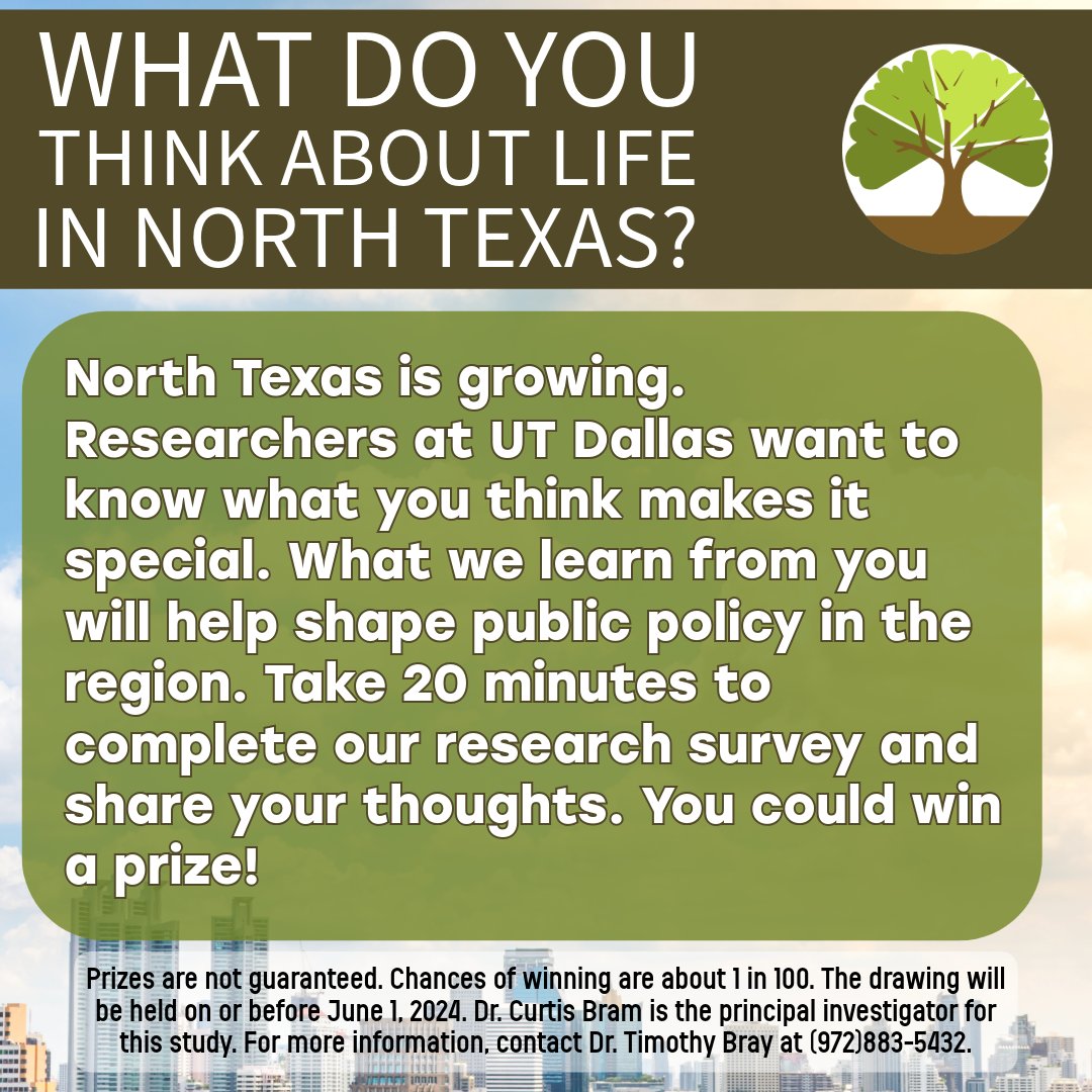 UT Dallas wants to hear what you think about life in North Texas. Take our 20-minute survey! You might win a prize! utdallas.qualtrics.com/jfe/form/SV_3q…