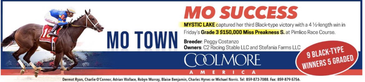 Mo success for MO TOWN (@coolmoreamerica) as Mystic Lake captured her third Black-type victory with a 4 ½-length win in Friday's GIII $150,000 Miss Preakness S. at Pimlico 🏆