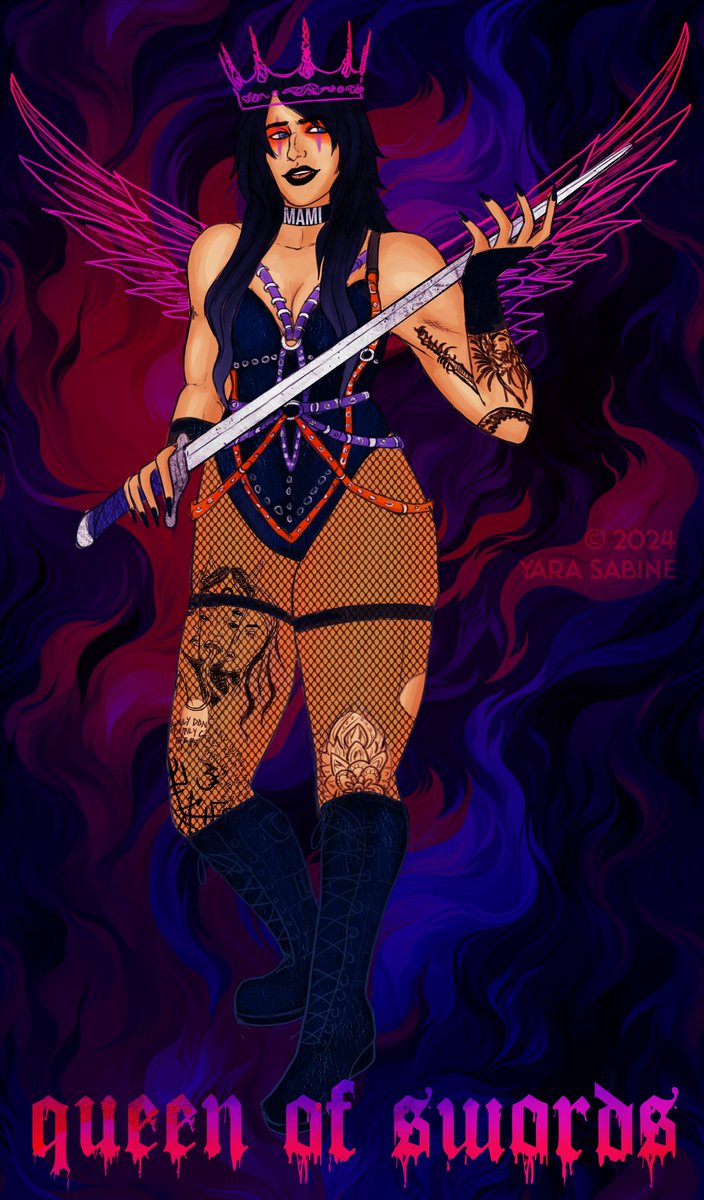 YsabineArt's tweet image. working on some tarot-inspired TJD art, here&apos;s @RheaRipley_WWE as the Queen of Swords! 💜🖤⚖️🗡️