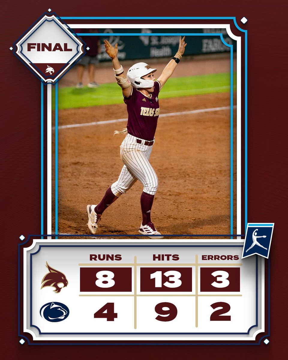 BOBCATS WIN! #EatEmUp

Texas State advances to Sunday's regional final and will face Texas A&M again tomorrow, with game one at 2 pm😼