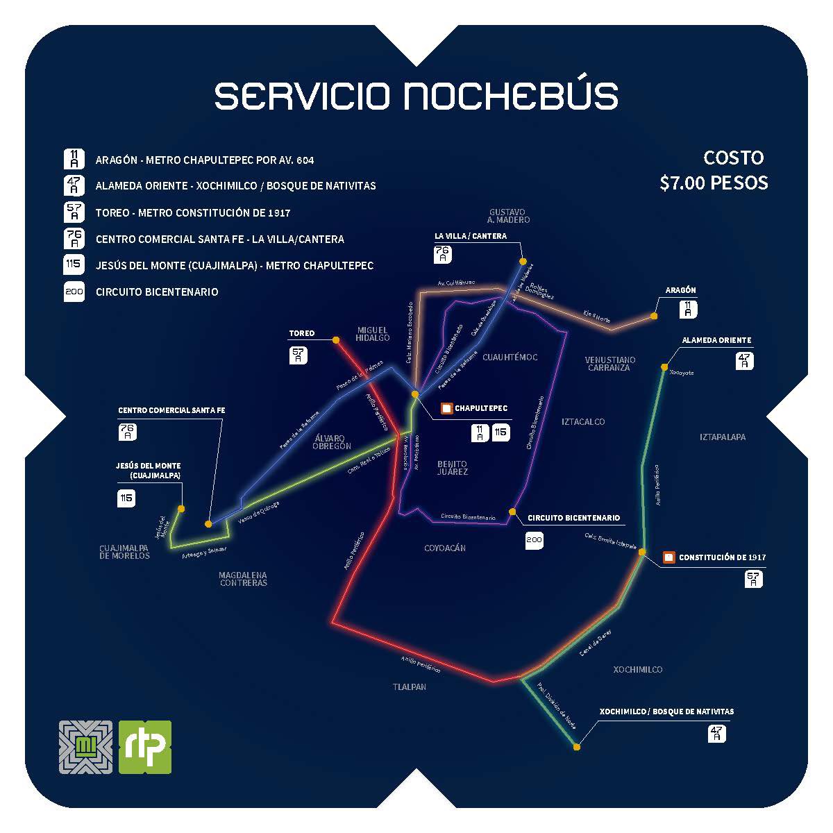 ¡Regresa segur@ a casa con el servicio del #Nochebús! 🌃🚌 🤩 Con un costo de $7.00, y un horario de 0:00 a 05:00 los 365 días del año, podrás utilizar las distintas rutas de este transporte y trasladarte de un punto a otro dentro de la Ciudad de México. 📍 Aquí el mapa: