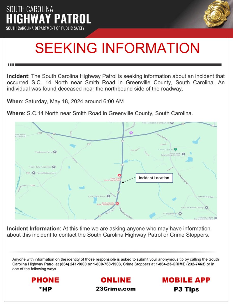 We need your help! We are seeking information about an incident that occurred in Greenville County on 5/18/2024. Please read the flyer for details. If you have any information please reach out to us. ⁦@SCHP_Troop_3⁩ ⁦@SCHP_Community⁩ ⁦@SCDPS_PIO⁩