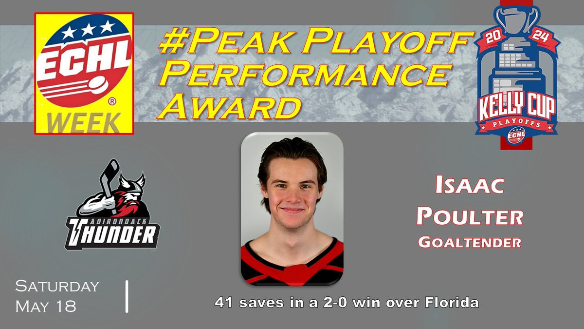 Saturday night's #ECHLWeek #PeakPlayoffPerformanceAward goes to the <a href="/ECHLThunder/">Adirondack Thunder</a> goalie who had a clean sheet and helped his team tie the Eastern Conference title series. His four shutouts this postseason ties him for No. 2 on the all-time ECHL list.
