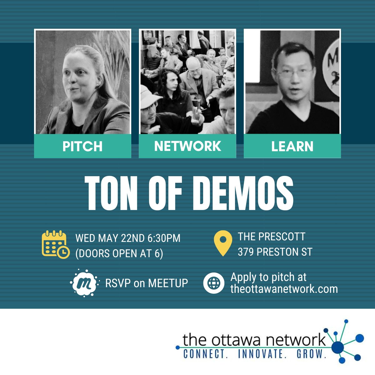 ⏱️ Time is running out to reserve your spot!

TON of Demos is Wednesday, May 22nd at The Prescott!

It's the perfect opportunity to network, learn about innovative companies &amp; people in Ottawa: meetup.com/The-Ottawa-Net… 

Learn more or apply to pitch: lnkd.in/gX7GBFZq