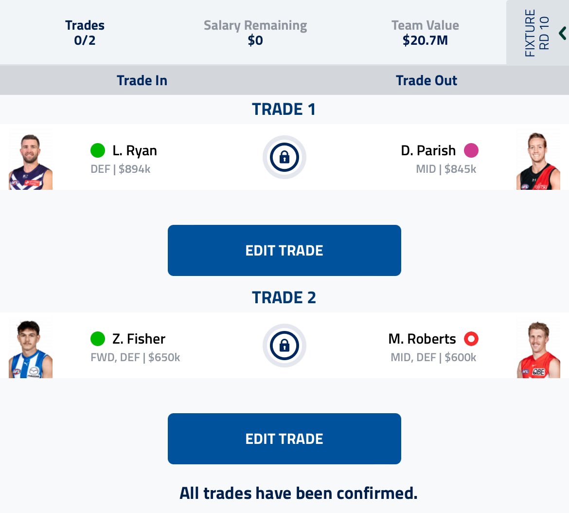 Thank fk for rolling lockouts 😅 Just had to use the edit trade with multiple DPPs just to move the pieces to make this happen. Means I had to keep Sheez and miss Oliver, moved Reid to mids, Fisher in, Martin to mids. $0 left @AFLFantasy @MoreirasMagic @RoyDT @CalvinDT @WarnieDT