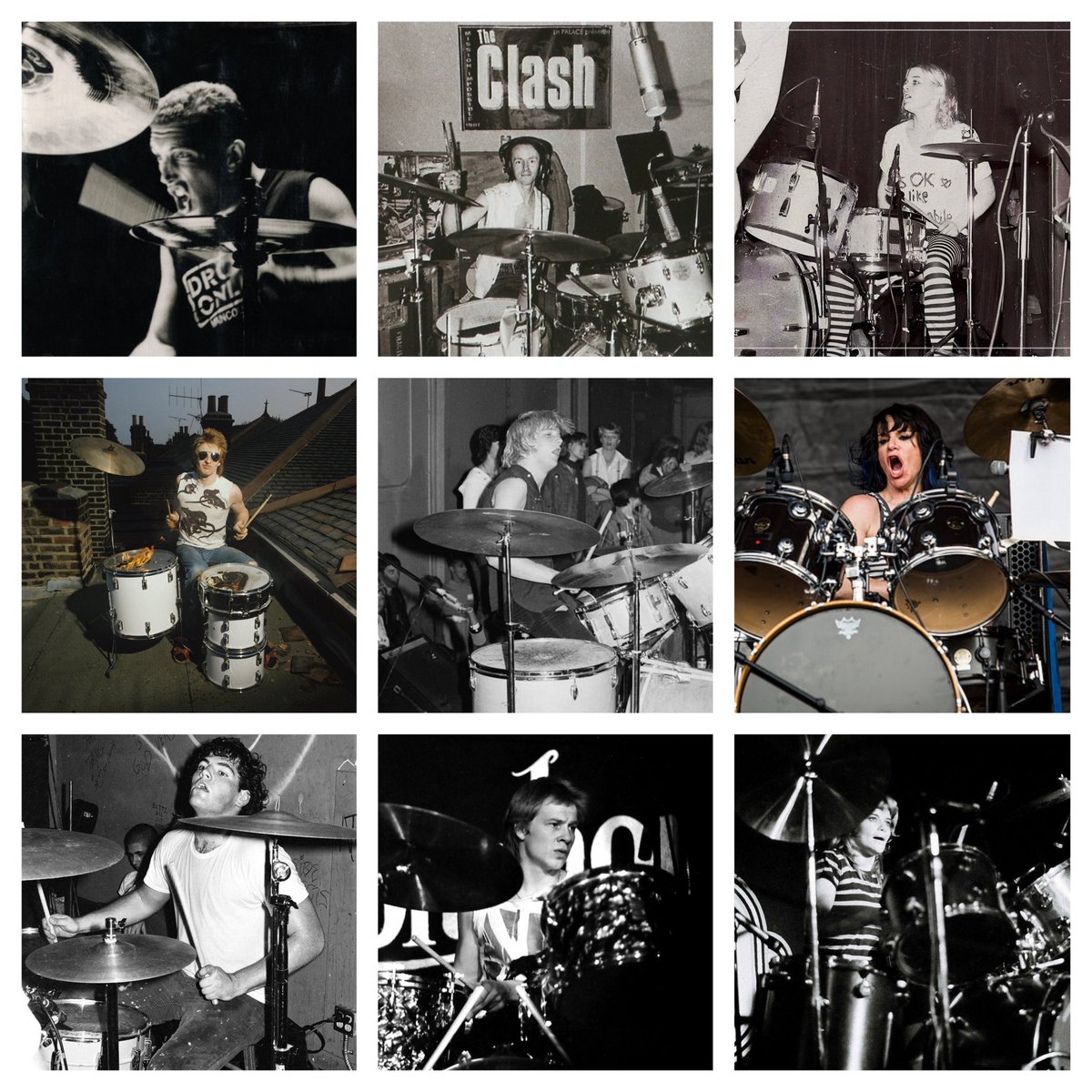 Nine great punk rock drummers. Do you have a favorite or should anyone else be on the list? Lucky Lehrer Topper Headon Tobi Vail Rat Scabies Chuck Biscuits Demetra Plakas Bill Stevenson Paul Cook Palmolive #punk #punks #punkrock #punkdrummer #history #punkrockhistory