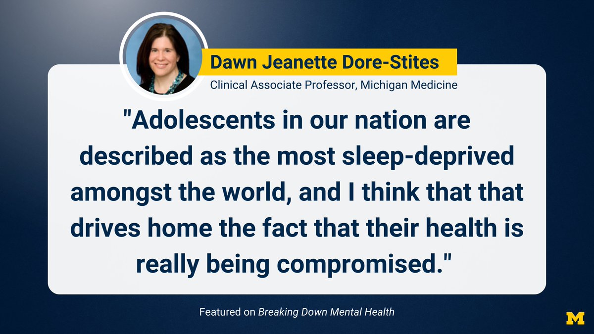 Clinical associate professor Dawn Dore-Stites joins @UMichMedicine's Breaking Down Mental Health to discuss the interplay between depression and sleep, non-pharmacological interventions for insomnia, and how cognitive behavioral therapy can improve sleep. myumi.ch/Dr69R