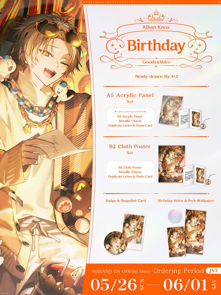 NIJISANJI_World's tweet image. 【🎂Alban Knox Birthday Goods &amp;amp; Voice 2024】

&quot;A5 Acrylic Panel Set&quot;, &quot;B2 Cloth Poster Set&quot;, &quot;Badge &amp;amp; Snapshot Card&quot; &amp;amp; &quot;Birthday Voice &amp;amp; Perk Wallpaper&quot; for @alban_knox&apos;s birthday! 🎭🕒  

🕚Sales start
May 25 (Sat) 20:00 PDT

🔻Store
nijisanji-store.com/collections/al…

#NIJISANJI_EN