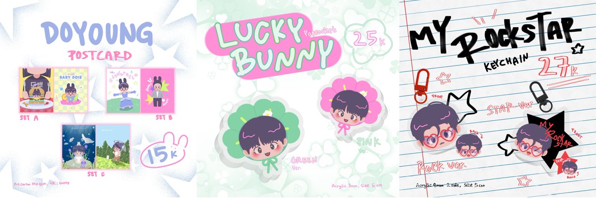 [Pre-Order] Doyoung Postcard, Lucky Bunny Popsocket, My Rockstar Acrylic Keychain 🍀 🌊 Pre-order Period 19 May - 6 June 2024 🍼 Price 15k-27k 🎸 Payment method • Dana • Shopeepay ⭐ Read the form for more information 👇 Form Order: 🔗 forms.gle/gqC4bCf5iY69TV…