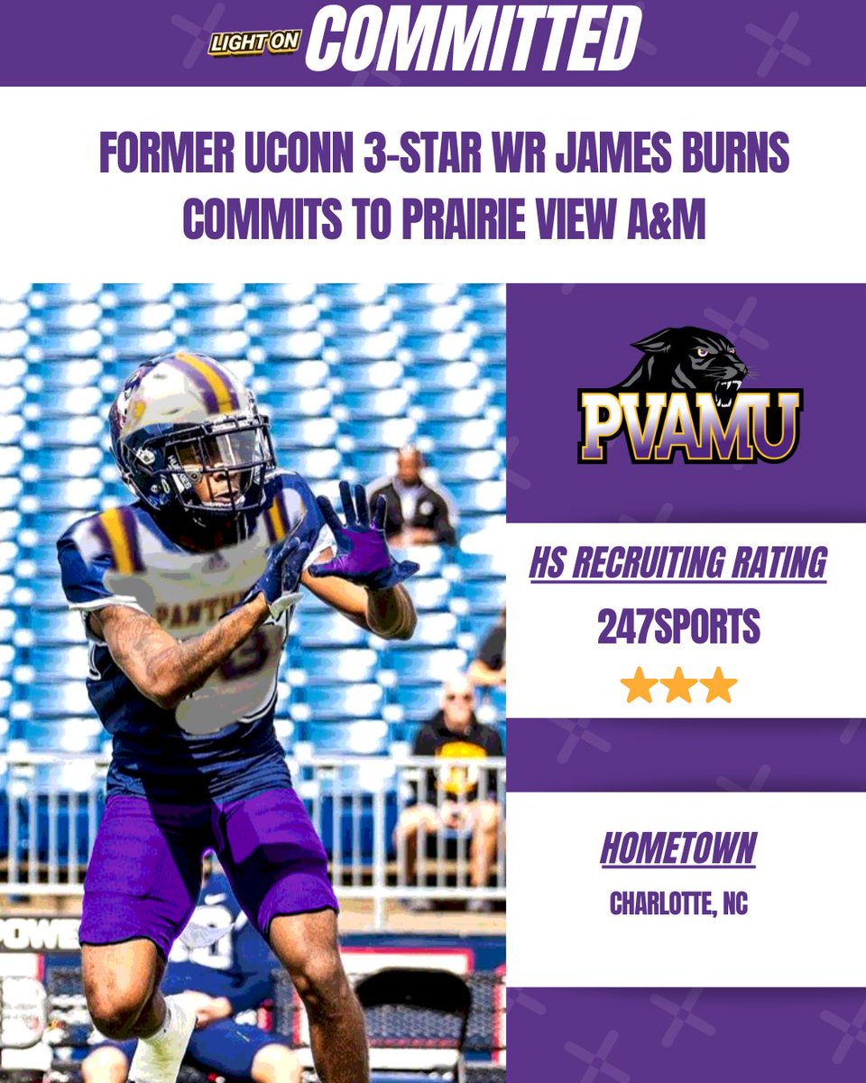 Former UConn 3-Star WR James Burns has committed to Prairie View A&M, per his social media. 🟣🟡 #PVNATION @_TheJamesBurns