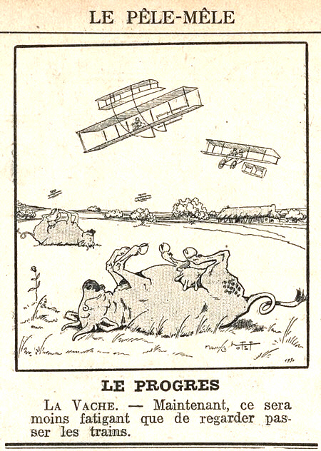 Le Pêle-Mêle [Paris], vol.14, no. 51, 20 Dec. 1908, 6. Decades before penguins started toppling over while looking at jets, there were cows on their backs gazing at aeroplanes.
