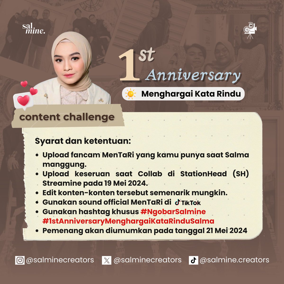 salminecreators's tweet photo. Hai, Minersss

Dalam rangka merayakan #1stAnniversaryMenTaRi dan #Streamine 🎉

Tim Salmine Creators akan mengadakan CEKON (Challenge Konten)

Periode pelaksanaan CEKON pada 19 - 20 Mei 2024. Ada hadiah menarik untuk creator yang terpilih ✨

Yuk ikutan!😎 https://t.co/G1srdHmCCX