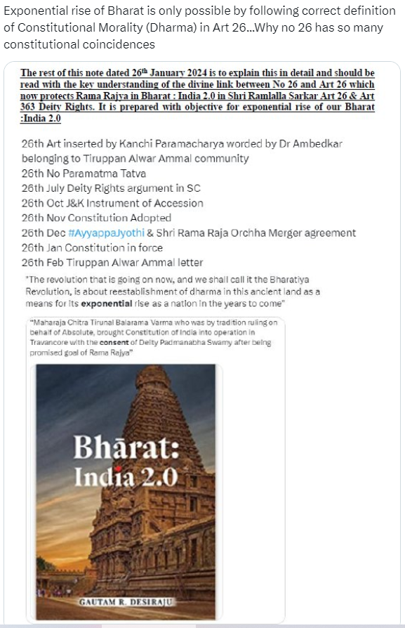 Art 26 protects Constitutional Morality (Dharma) definition that prevents Bharat from becoming One Nation One GOD (Religious/Secular) and understanding how this is different from Art 2A will enable exponential rise of Bharat : India 2.0