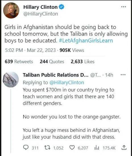 Digitizationx's tweet image. There is no recovery for @HillaryClinton from this. This epic ratio led to the removal of Taliban’s account from X.
